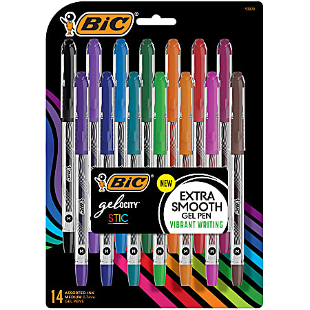 BIC Gel ocity Stic Gel Pens Medium Point 0.7 mm Clear Barrel Assorted Ink  Pack of 14 Pens - Office Depot